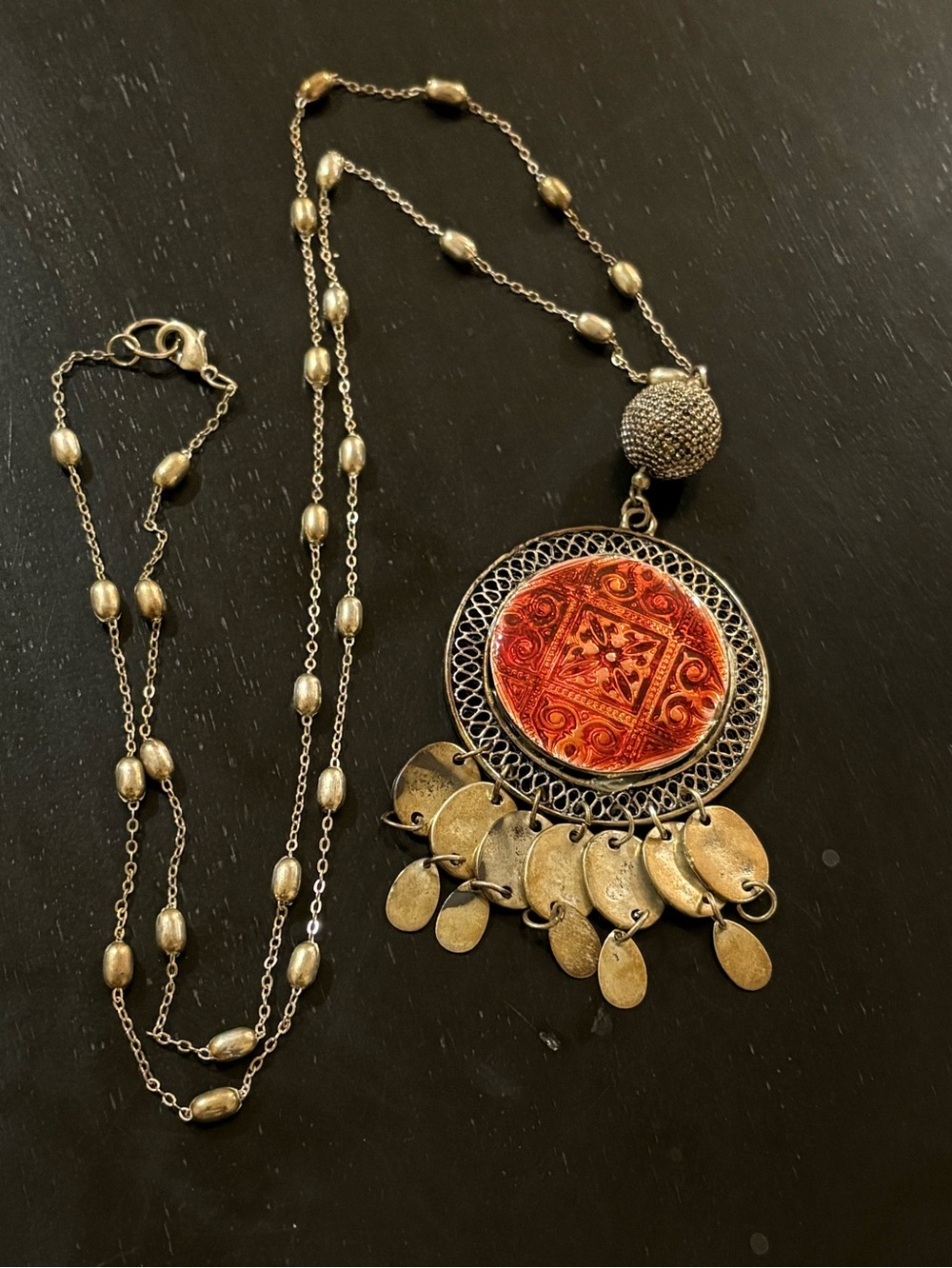 Boho Vintage Medallion Pendant Necklace with Gold-Tone Disc